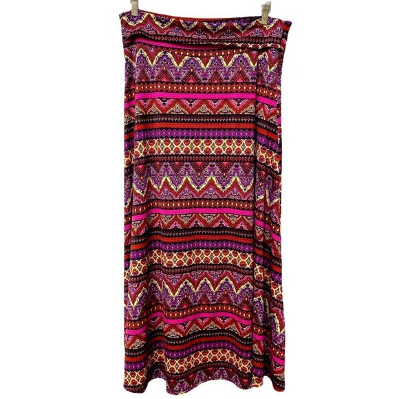 LULAROE Boho Midi Skirt Size Large Stretch Jersey Red Aztec Print Pullon High Lo - Picture 3 of 8